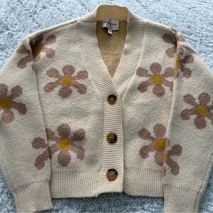 Chic Floral Button-Up Cardigan in Cream and Brown